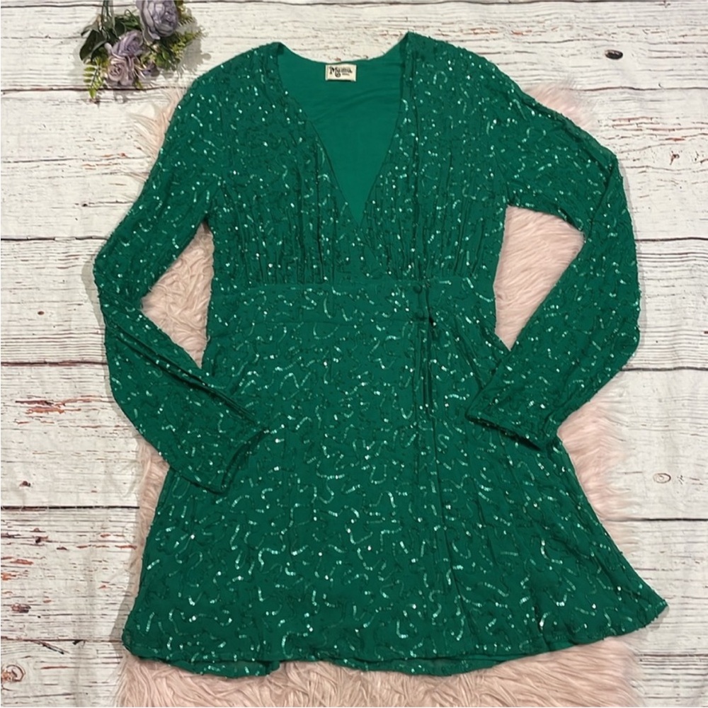 Show Me Your MuMu Phyllis Emerald Beaded Sequins Wrap Mini Dress - Picture 2 of 12